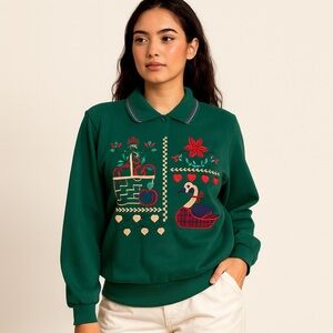 Vintage Alfred Dunner Green Goose Embroidered Collared Cottagecore Sweater